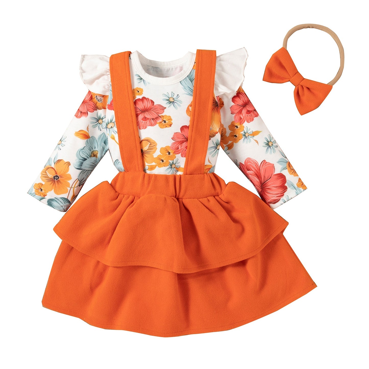 Orange flower design Long sleeve dress