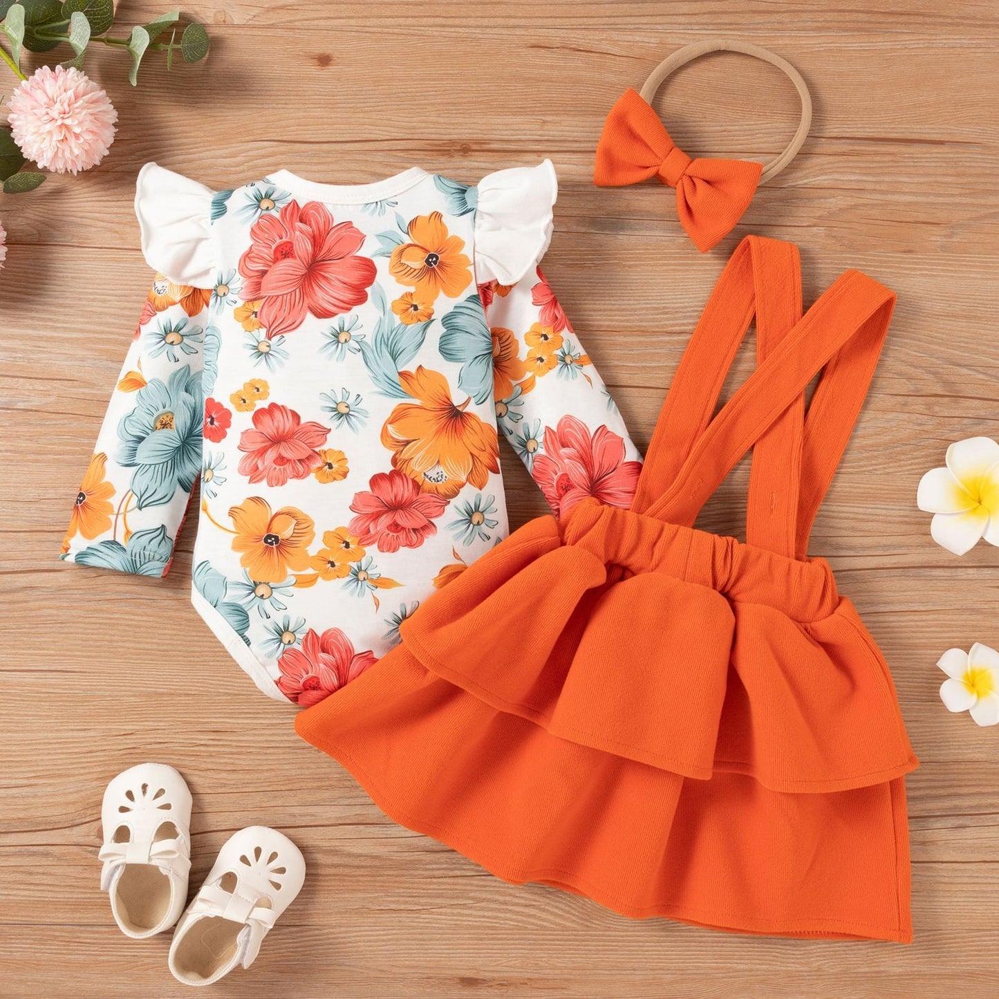 Orange flower design Long sleeve dress