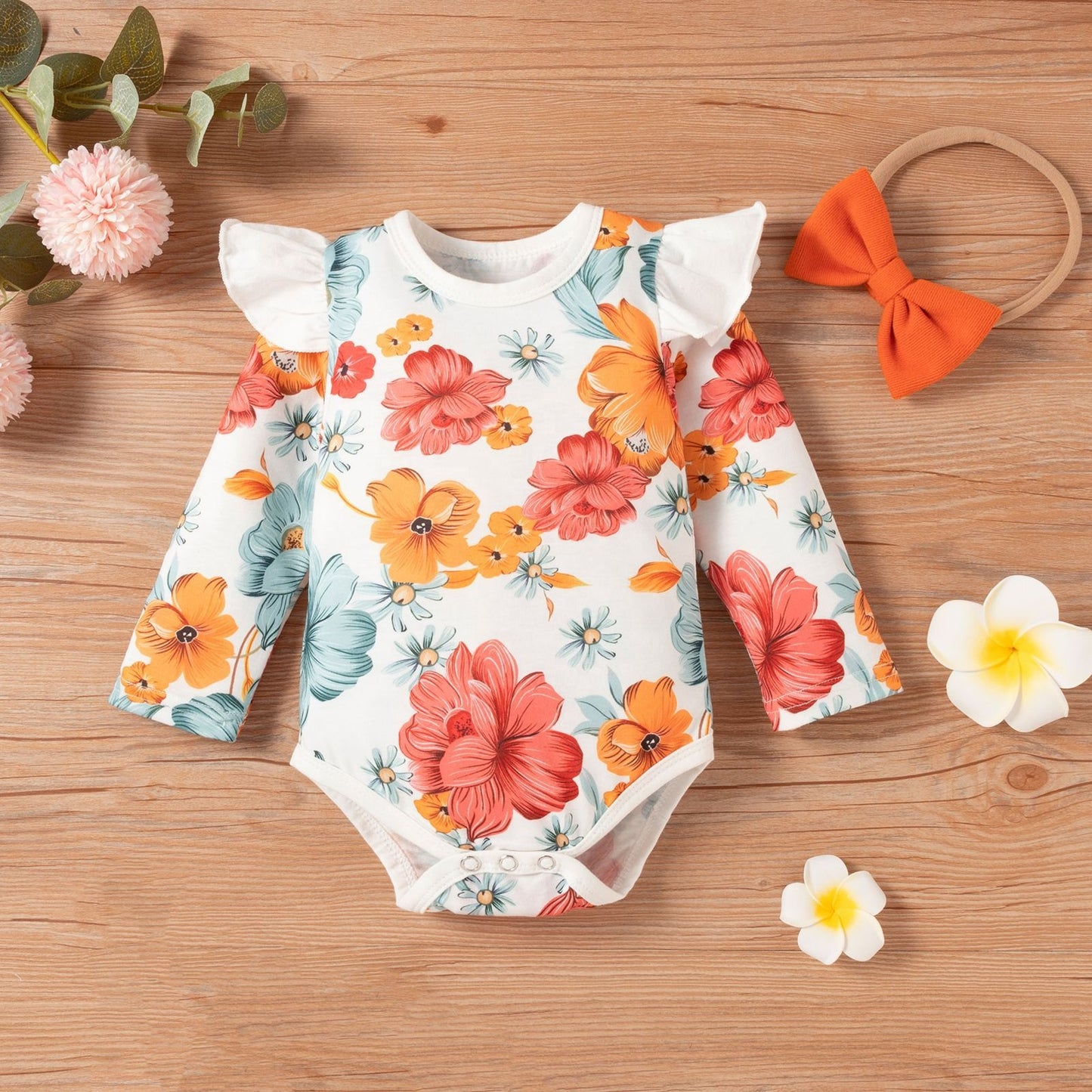 Orange flower design Long sleeve dress