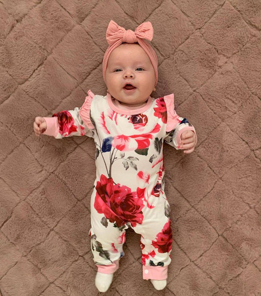 Girl Floral Sweet Long Sleeve Jumpsuit Set-light Pink