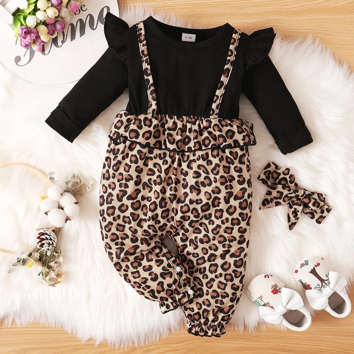 Leopard Ruffle Fly Sleeve Long Sleeve Bodysuit