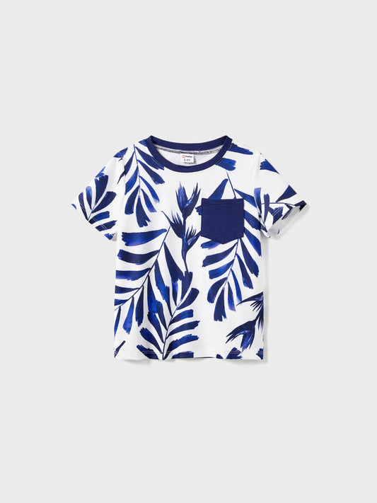 Modern Blue and White Botanical Leaf Design Button Strap Dress and Color Block Tee